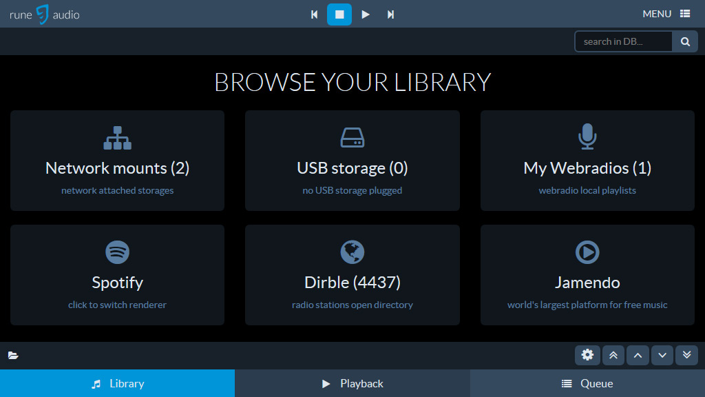 The brand new Library home screen in RuneAudio 0.3-beta
