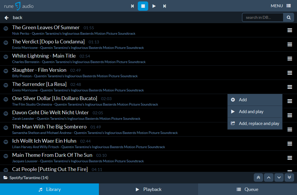 RuneAudio 0.3-beta Spotify integration (tracks view)
